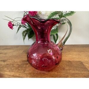 Vintage Cranberry Art Glass Pitcher Ruffled Rim Hand Blown Swirl Handle Vase